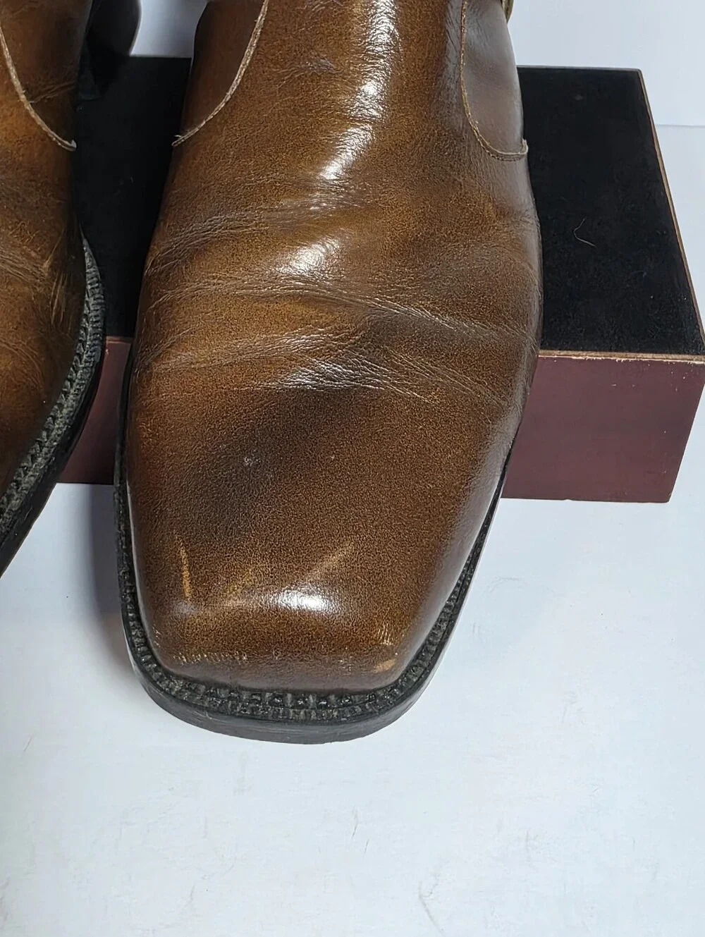 Vintage 70s Mens UN Shoes Brown Leather Zip Harness Boots Square Toe Size 8-8.5